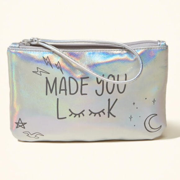 Hollister Metallic Faux Leather Wristlet Holograph Silver  Made you Look NWT - Picture 1 of 2